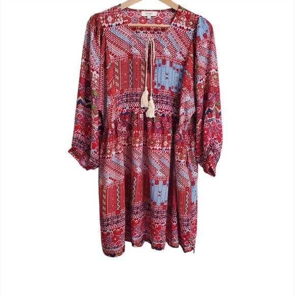 Umgee Dresses & Skirts - UMGEE Women Mini Dress L Red Tribal Boho 3/4 Sleeve Tassels Cotton Blend…